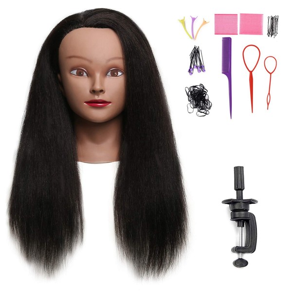 SOPHIRE 100% Real Hair Mannequin Head Training Head with stand, 18" Hairdresser Cosmetology Mannequin Manikin Training Practice Head Doll for Female Hairstyling - Black