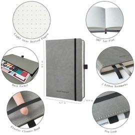 Bullet Dotted Journal Kit - A5 Hardcover Dotted Notebook with 200 Pages, 120GSM Thick Paper, 12 Fineliner Colored Pens, Stickers, Washi Tapes, Correction Tape, Paper Clips, Journaling Kit for Planner Schedule (Gray)