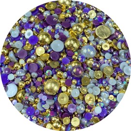 Mix Resin Rhinestones Half Round Pearls,30g Flatback Rhinestones Half Pearl Beads for Crafts Multi Size 3mm-10mm Half Pearl Rhinestone for Bottles,Nail Art,Shoes (Gold Purple Series)