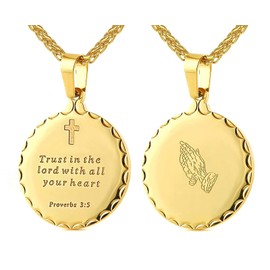 RONLLNA Bible Verse Prayer Necklace Free Chain Christian Jewelry Stainless Steel Praying Hands Coin Medal Pendant