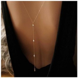 Iaceble Boho Crystal Back Necklace Long Cz Backdrop Necklace Gold Crystal Lariat Y Necklace Rhinestone Back Chain Necklace Long Cz Wedding Backdrop Chain Jewelry for Women (Style 2)