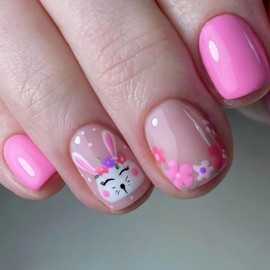 BABALAL Easter Press on Nails Medium Square Pink Fake Nails Spring Acrylic Nails Kawaii Bunny Floral Glue on Nails Squoval Nails Press ons Solid Color Press on Nails Holiday Stick on Nails for Women