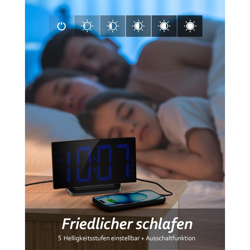 GOLOZA Digital Alarm Clock, Digital Clock with Modern Curved Design,