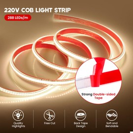 HEGEHE 220V COB Strip Light with Self-Adhsive Tape, Cut to 50cm, IP65 Waterproof LED Rope Light with Switch Power Supply (5m, Natural White)