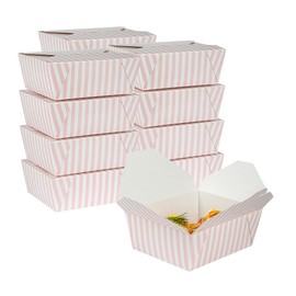 Restaurantware Bio Tek 6.7 x 5.5 x 2.6 Inch Food Containers, 50 Durable Takeaway Boxes - Disposable, Striped, Pink And White Paper 45 Ounce Takeout Boxes, Rectangle, For Takeouts And Delivery