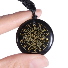 KYEYGWO Engraved Obsidian Chains with Adjustable Rope, Round Stone Pendant, Healing Stone, Talisman Necklaces, Amulet, Blessing, Jewellery for Men and Women, Obsidian Obsidian Nylon rope, Obsidian