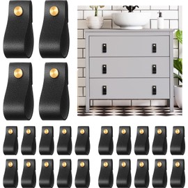 BBTO 24 Pieces PVC Leather Drawer Pulls Handmade PVC Leather Cabinet Furniture Knobs Handle Wardrobe Door Handle Pulls Knob for Dresser Drawers Cabinet(Black)