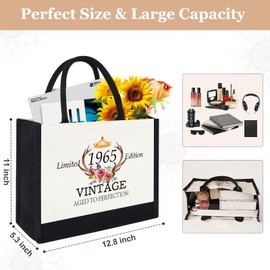 GevGuxLuo 60th Birthday Gifts for Women Canvas Tote Bag, 60 Years Old Birthday Gifts for Mom Wife Aunt Friends Her,Turning 60 Beach Bag Reusable Grocery Bag 1965 Women Tote Bag