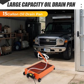 15 Gallon Oil Drain Pan, Low Profile Oil Drain Pan with Manual Pump, Oil Change Pan with 8 Ft Hose & Folding Handle, Rolling Oil Drain Tank for Truck, RVs, Buses