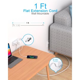 1Ft Extension Cord with Multiple Outlets, Flat Plug Power Strip Surge Protector with Short Extension Cord, 6 Outlet 3 USB Ports (1 USB C), Multi Outlet Wall Plug for Travel, College, Dorm Essentials