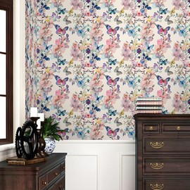 REDAMANCY Pink/Purple Fairy Butterfly Watercolor Botanical Plants Leaf Yellow Blue Peel and Stick wallpaper stick on contact paper vintage wall paper easy peel off for nightstand drawer cabinet renter