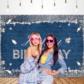 Glawry Denim Diamonds Birthday Backdrop 7Wx5H Feet Sparkle Shining Navy Blue Modern Luxury Crystal Girls Happy Birthday Party Decorations Banner Background Women Photo Studio Props Supplies