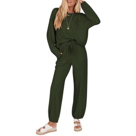 KIRUNDO Women's Spring 2 Piece Outfits Ribbed Knit Lounge Sets Long Sleeve Pullover Drawstring Jogger Pants Tracksuit Set(Army Green, Small)