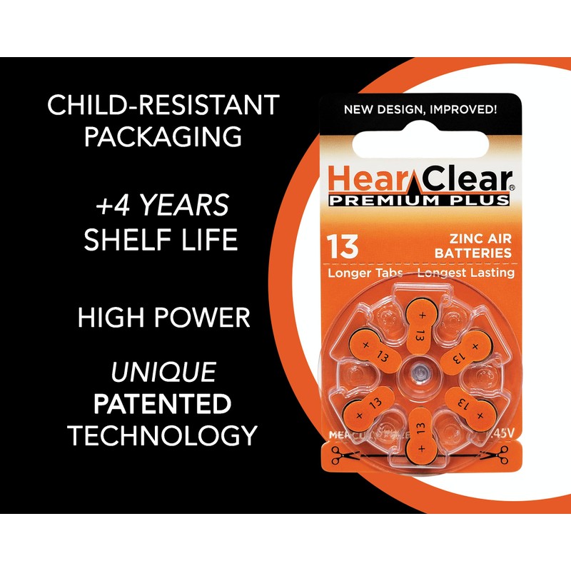 HearClear Size 13 PR48 Hearing Aid Batteries 1.45V Orange Tab