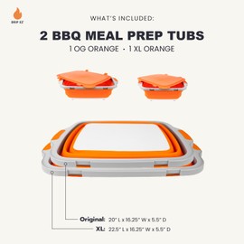 Drip EZ Collapsible BBQ Prep Tubs 2-Piece Set (V2) - For Meal Prep Marinating Food Storage - Includes Cutting Board & Lid - (1) OG + (1) XL - Orange