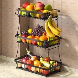 Sevenblue 3 Tier Fruit Basket for Kitchen with 2 Banana Hangers, Detachable Metal Fruit Bowl for Kitchen Counter for Fruit and Vegetable Storage, Banana Holder for Bread Snack Organizer