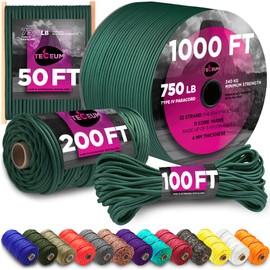 TECEUM Paracord Type IV 750 lb Dark Emerald Green – 200 ft – Nylon Strong Tactical MIL–SPEC Parachute Cord – Survival Rope Emergency para Cord 11 Strands Core EDC Camping Hiking Military Gear 022а