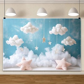 RBQOKJ 7x5ft Cotton Wadding Clouds Backdrop Stars Pillow Decoration Blue Photo Background Baby Shower Neworn Portrait Photo Shoot Backdrops for Birthday Party Studio Prop