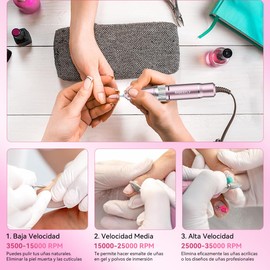 Pulidor de uñas profesional,taladro de uñas de 35000 RMP,incluye 6 cabezal de rectificado,36 banda abrasiva,máquina de pulido de uñas eléctrico