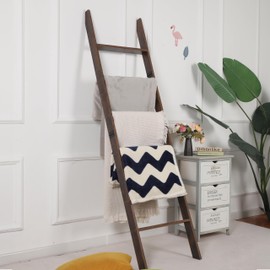 Blanket Ladder for Living Room and Bedroom, 6-Tier Wall Leaning Laminate Snag Free Construction (Rustic Hickory) Rustic Decorative Farmhouse Blanket Storage, Quilt Rack, Ladder Shelf, Easy Assembly