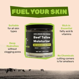 Beef Tallow for Face, Skin & Body - 4 Fl oz Handmade Tallow Face Moisturizer with Organic Jojoba Oil, Beeswax & Honey - 100% Grass Fed Beef Tallow Cream - Unscented