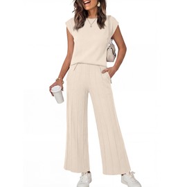 ANRABESS Women 2 Piece Lounge Sets Summer Casual Knit Sweater Vest Pant Set Beach Vacation Airport Clothes 2025 Fall Outfits Apricot X-Large