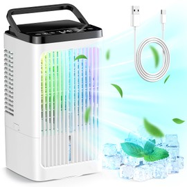 Klimaanlage Mobil, 4 in 1 Mobile Klimaanlage 1200ml mit 2 Sprühstufen & 4 Geschwindigkeitsstufen, 1-8 Timer, 90° Oszillation, USB-C-Anschluss, Mini Luftkühler für Zuhause und Büro (Weiß)