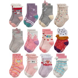 RATIVE Non Skid Anti Slip Cotton Dress Crew Socks With Grips For Baby Infant Toddler Kids Girls (0-6 Months, RG-92X)