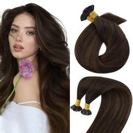 Sunny Ktip Human Hair Extensions Dark Brown Fading to Medium Brown Balayage Ktip Hair Extensions Brown Remy K Tip Human Hair Extensions for Women 18inch 50g