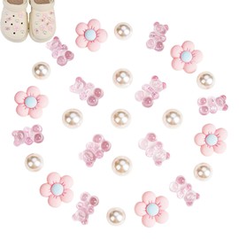 27Pcs Pearl and Flower Shoe Charms, Croc Charms for Kids, Pink Resin Croc Shoe Decoration with Bear and Pearl Cute Shoe Croc Jibbitz for Teens Girls
