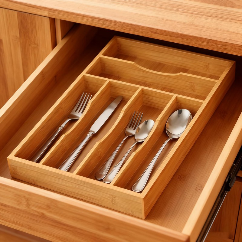 Bamboo Silverware Organizer, Bamboo Kitchen Drawer Cutlery Organizer, Utensil Holder,