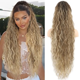 CHRSHN Ponytail Extension, Claw Clip Ponytail Extension for Women Long Ombre Brown Curly Clip in Pony Tails Hair Extensions 30 Inch Synthetic Layered Hairpieces for Women(Ombre Brown Mix Blonde)