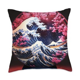 Wave Bloom Vibes Artistry Vibrant Colors Wave's Sakura Dreams Japanese's Delight Throw Pillow, 18x18, Multicolor