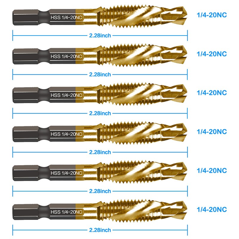 6-pc 1/4-20NC Combination Drill Tap Bit Set SAE, 1/4" UNC-20