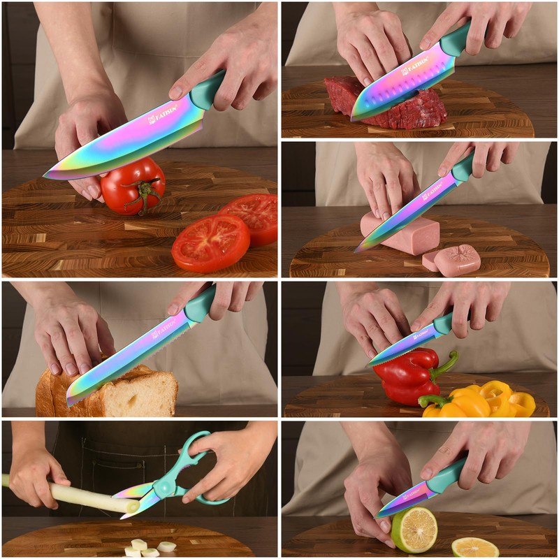 KATISUN Kitchen Knife Set with Guards, 13 Piece Rainbow Titanium