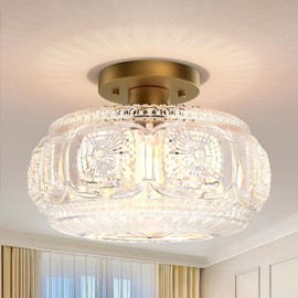 OYKYOHEI Semi Flush Mount Ceiling Light, Upgraded Larger Gold Glass Ceiling Light Fixture, Vintage Lighting for Hallway Kitchen Bedroom Dining Room, Bulb Not Included