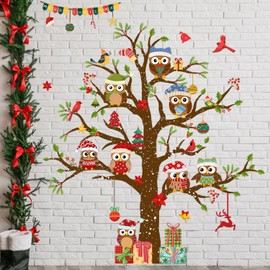 Christmas Owl Tree Window Clings Double Sided Static Vinyl Cling PVC Decals Peel and Stick Decal for Home Office Windows Doors Glass Decor (35.43inch * 11.81inch, 3 Sheets)