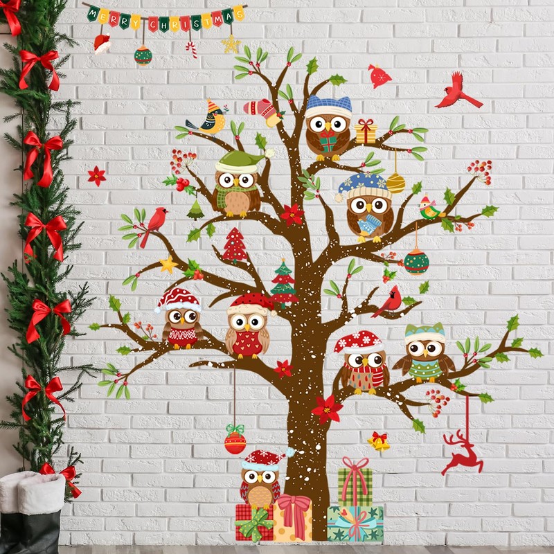 Christmas Owl Tree Window Clings Double Sided Static Vinyl Cling