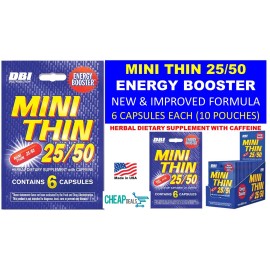 Mini Thin 25/50 25 50 Energy - 10 PACKS - Diet Herbal Caffeine 6 Capsules Pack