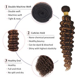 P4/30 Highlight Human Hair Bundles Deep Wave Bundles Human Hair 10 12 14Inch Human Hair Deep Wave Human Hair Bundles Ombre Brown Bundles Human Hair Double Weft Hair Extensions (P4/30-DP-10 12 14)
