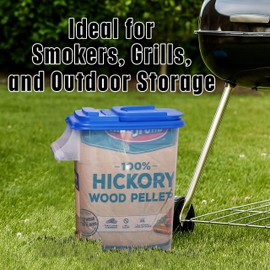 Buddeez Kingsford Pellet Dispenser with Flip Spout - Stackable Storage Bin for Wood and Grill Use - Clear Body with Blue Lid - 1 Count