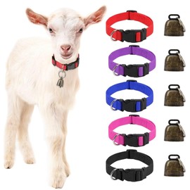 5 Pack Goat Collars with Bells, Horse Sheep Grazing Copper Bells and Adjustable Nylon Collar Set Pet Anti-Lost Loud Bronze Bell for Small Farm Animal Sheep Goat Cow Accessories