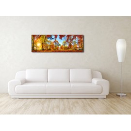 Pyradecor Large Autumn Sunset Forest Canvas Prints Wall Art Golden Nature Landscape Artwork Pictures Paintings for Living Room Bedroom Home Decorations