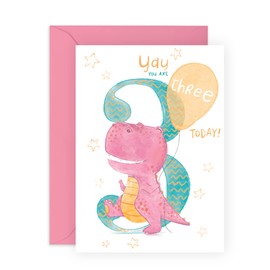 CENTRAL 23 Third Birthday Card For Girl - Daughter Birthday Card Age Three - Milestone Baby Greeting Cards 3 Year Old - Dinosaur Birthday Card For Kids - Happy 3rd Bday - Comes With Fun Stickers