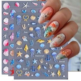 IDDFEVE Embossed Ocean Life Nail Art Stickers - 5D Summer Seashell Starfish Self-Adhesive Nail Decals for DIY Sea Creature Manicure (3 Sheets)