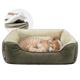 Miguel Cat Bed for Indoor Cats Washable Removable Cover - Small Pet Bed with Side Square Dog Bed Rectangle Soft Puppy Bed Bolster Cuddle Kitten Bed with Wall Slip-Resistant Bottom, Khaki 20 Inch