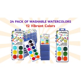 Ashby for Kids - 24 Pack of Watercolor Paint Sets - 12 Fun & Vibrant Colors Per Paint Tray - Washable - Nontoxic - Each Set Includes a Quality Wooden Brush.