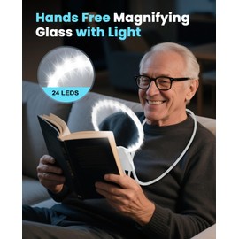5X Hands Free Magnifying Glass with Light for Close Work,Neck Wear Magnifier for Reading Books,Sewing, Cross Stitch.Low Vision Seniors with Aging Eyes(White)