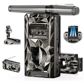 5-in-1 Torch Lighter, with V-Cutter, Holder, Punch, Draw Enhancer Tool, Windproof Triple Flame Torch Lighter, Multifunctional Accessories Gifts for Men, Refillable Butane Lighter for Candles, Travel