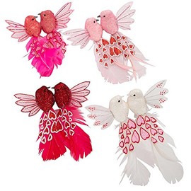 Factory Direct Craft Multicolored Feathered Mushroom Lovebirds | 6 Lovebirds | with Attached Alligator Clips (Romance)
